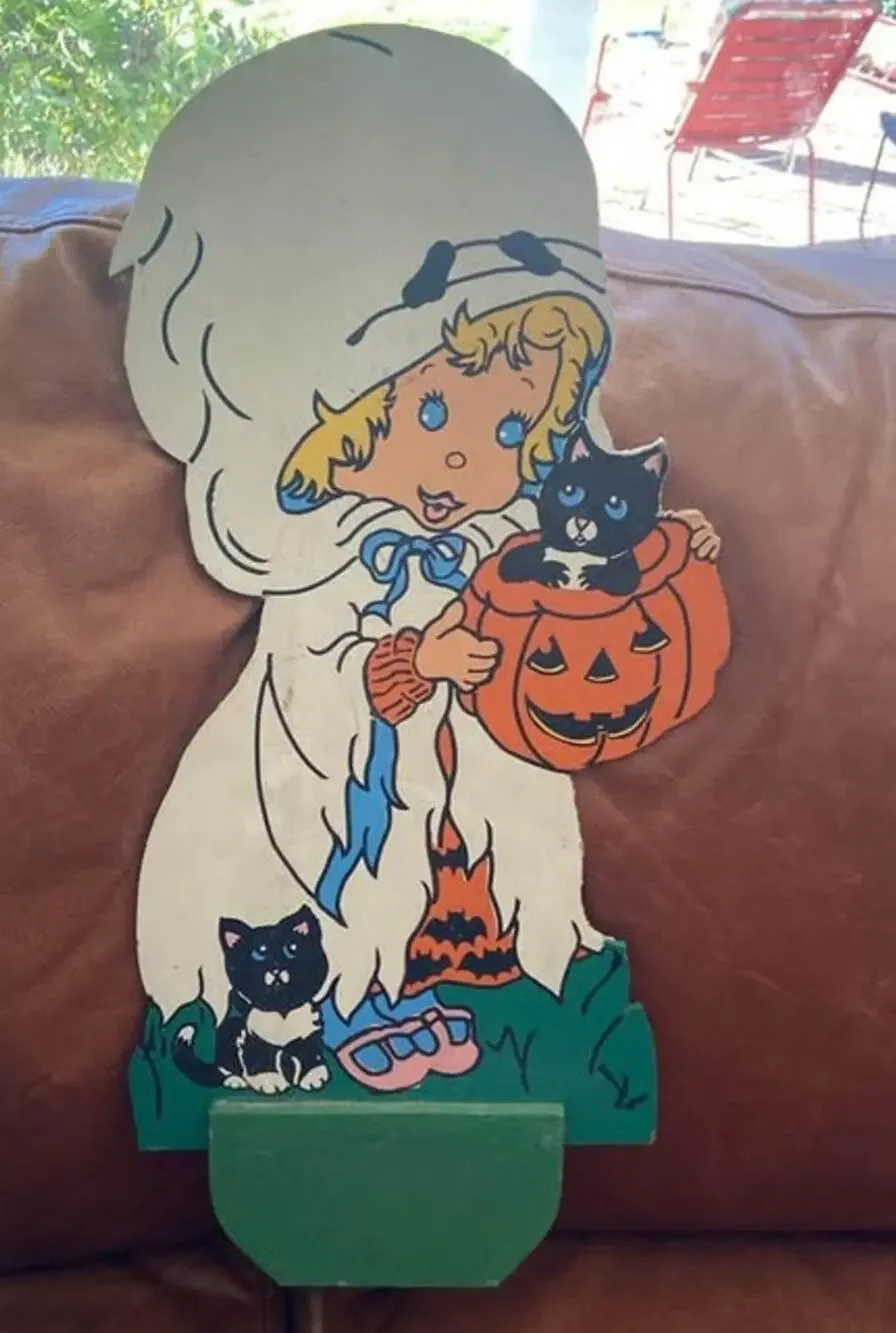 Vintage Halloween Wood Yard Decor Girl Ghost Black Cat Hand Painted Kitsch